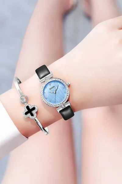 DOM Women's Watch Fashion Quartz  Bracelet Set Pink Dial Simple Rose Gold Belt Waterproof Luxury Ladies Watch 4