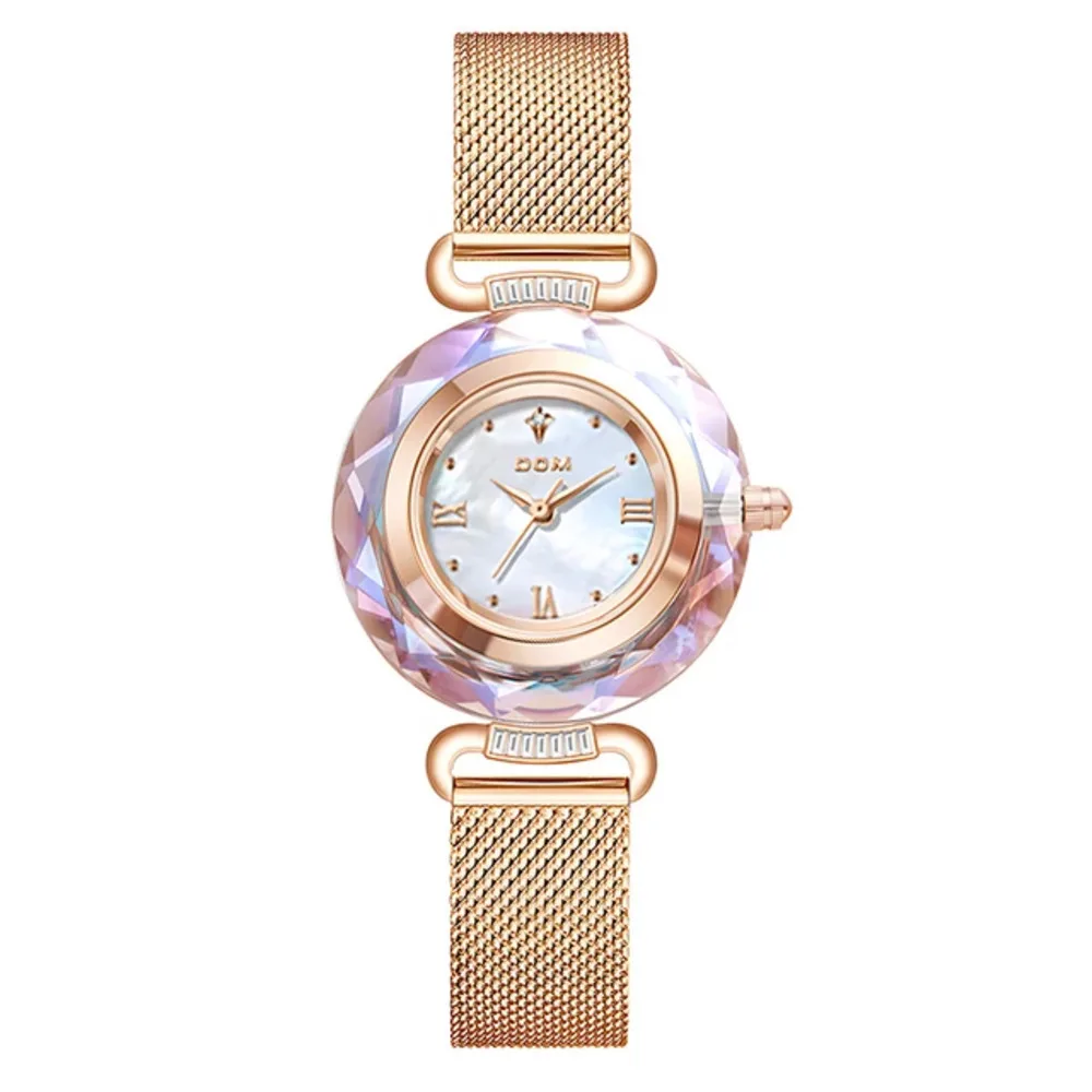 DOM 1613 Women’s Rose Crystal Quartz Watch (1) DOM 1613 Women’s Rose Crystal Quartz Watch – White Leather & Waterproof - Image 1