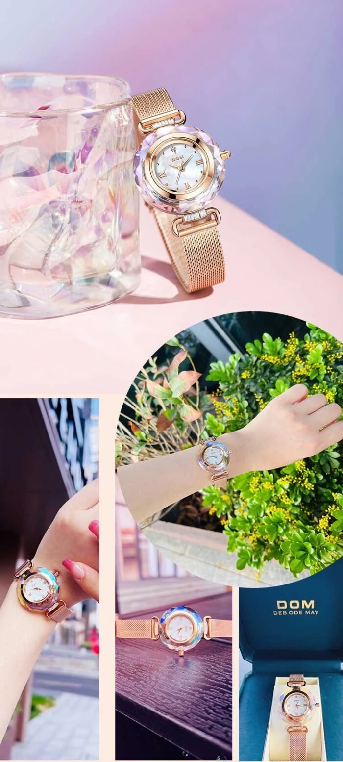 DOM 1613 Women’s Rose Crystal Quartz Watch – White Leather & Waterproof - Image 7
